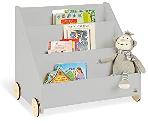 PINOLINO Regal Lasse – Bücherregal Kinder 3 Fächer, graues Kinderbücherregal fürs Kinderzimmer, Kinderregal mit Geheimfach, Spielzeugregal mit gummierten Holzrädern, ab 3 Jahren
