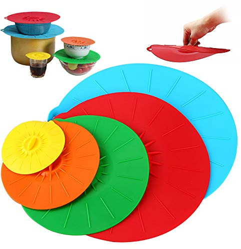 Ziyero 5 Pièces Tailles Différentes Couvercle en Silicone Couvercles à Ventouse en Silicone Set Doux Durable, pour Bols, Casseroles, Assiettes, Tasses, Canettes, Fours, Réfrigérateurs—5 Couleurs