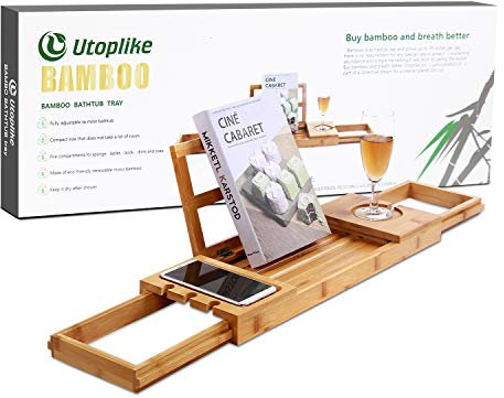 Utoplike Vassoio di bambù retrattile vasca da bagno,Mensola Vasca da Bagno in bambù.Organizer per vasca da bagno con portasciugamani per bicchieri da vino e tablet, regalo distintivo per Natale