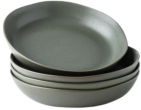 AmorArc 9.75'' Ceramic Large Pasta Bowls, 38oz Stoneware Flat Serving Bowls Set of 4, Oven,Microwave&Dishwasher Safe Bowls with Wavy Rim for Fruit Pasta Salad Meal, Reavtive-Matte