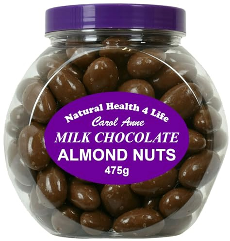 Natural Health 4 Life Carol Anne Milk Chocolate Almond Nuts 475g – Chocolate Covered Almonds in Recyclable Gift Jar, 11.6g Protein per 100g, Snack for Parties, Baking & Gifting, (1 Jar)