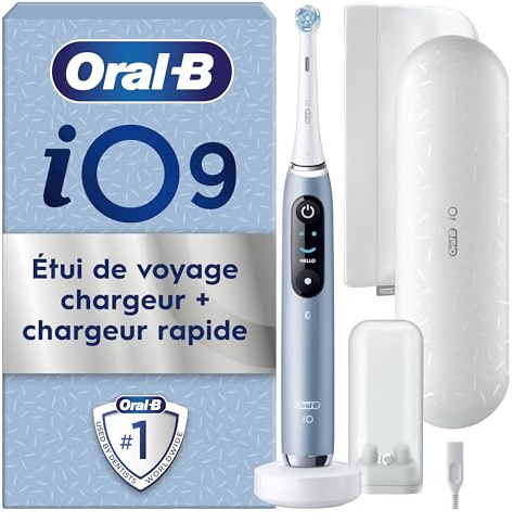 Oral-B Brosse A Dents Electrique iO 9 Bleue, 7 Modes De Brossage Dont Blancheur Et Soin Des Gencives, 16 Zones De Nettoyage, Ecran Interactif, Brossette Oral B De Rechange, Etui De Voyage