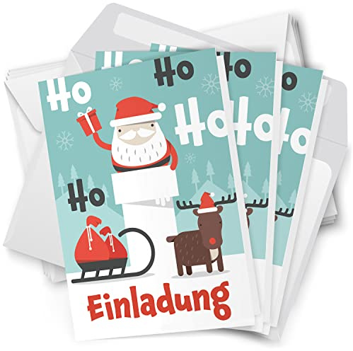 10 x Einladungskarten Klappkarten Weihnachten mit Umschlag zur Weihnachtsfeier Motiv Weihnachtsmann Schlitten Rentier