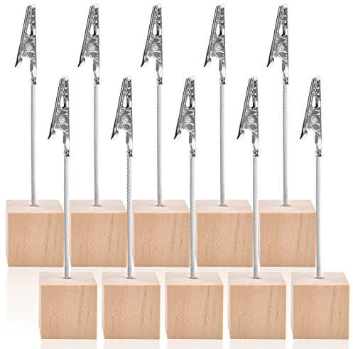 Zoyiancy 10 Pcs Place Card Holders with Memo Clips, Wooden Table Number Holder, Picture Holders for Wedding Party Name Sign (Cube Base)