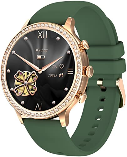 Fitnessuhr Damen Rund,1.32 Zoll Smartwatch Damen mit Telefonfunktion Diamanten Sportuhr mit Blutdruckmessung Schlafüberwachung Pulsuhr Schrittzähler Uhr Damen Fitness Tracker für iOS und Android
