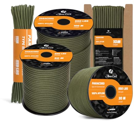 Abma Cord 550 Paracord 4mm 15m 7 Kärntrådar Nylonrep Typ III | 10m/15m/30m/50m/100m, Max 250kg, DIY, Camping, Överlevnad, Utomhus