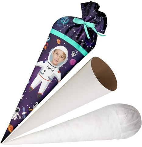 Ferocity Schultüte Kosmonaut mit Namen und Foto für Jungen, personalisierte Foto Tüte, aus Stoff, 70 cm Zuckertüte mit Papprohling, Füllung, große Tüte Kissen [149]