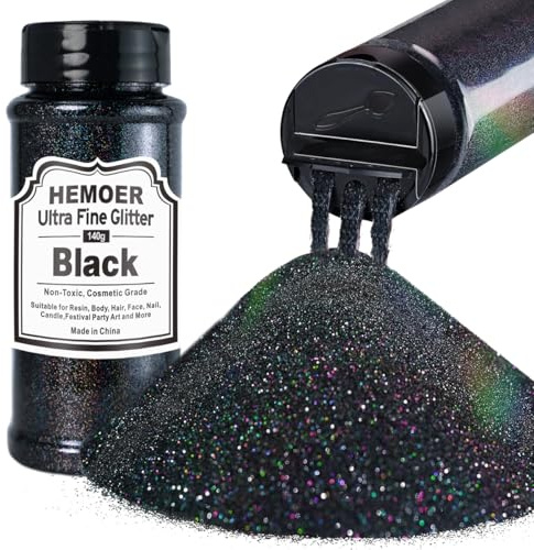 HEMOER Schwarz Glitzerpulver, 140g Bastel Glitzerpulver für Epoxidharz, DIY Basteln, Feine Handwerk Glitter für Tumbler Malerei Kerze Herstellung; Kosmetischer Glitzer, Haare, Körper Nagel Glitzer