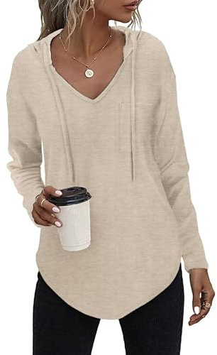 Tanmolo Kapuzenpullover Damen Leichter Pullover Hoodie Sweatshirs mit Taschen für den Herbst Beige, L