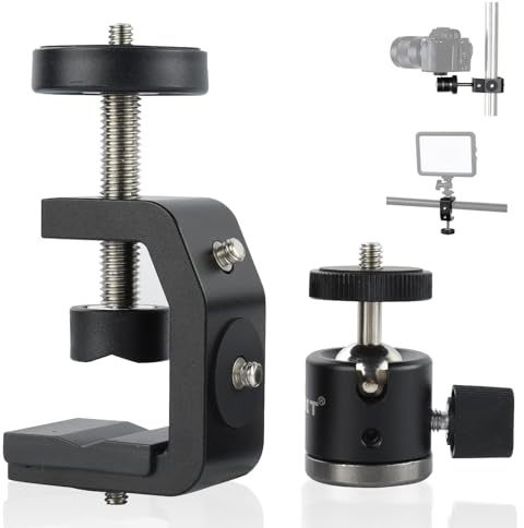 UTEBIT Super Clamp Mount with Mini Ball Head Mount, 1/4 Screw Hot Shoe Adapter Camera Clamp for Desk, Bicycle, Gopro Compatible with DJI Action 2/Insta360, Black, 30mm