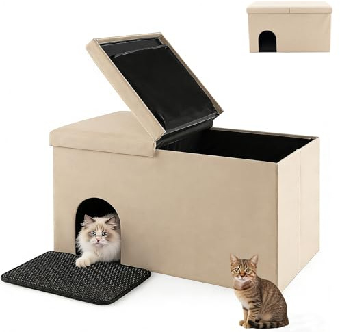 GYMAX Katzenhöhle, 3 in 1 Katzenmöbel als Katzenhaus, Sitzbank & Katzentoilette, Schuhbank mit Matte, Geruchskontrollfilter, Klappdeckel & Trennwand, Katzenklo, Katzenversteck 90 x 50 x 50cm(Beige)