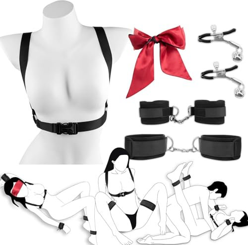 Sex Sm Bondage Fesseln Bdsm Set 8 Teilig Verstellbare Brust Fesseln Mit Handschellen FußFesseln Augenbinde Brustwarzenklemmen Sex Spielzeug für die Frau Erotik Sexspielzeug für Paare Extrem Sex Toys