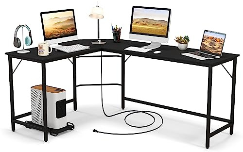 COSTWAY Escritorio Esquinero con Toma de Corriente, 168x125 cm, Escritorio en L Grande con Soporte para CPU, Marco de Metal, Mesa en L Oficina (Negro)