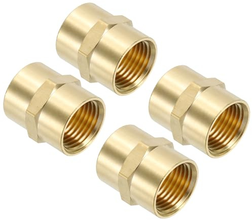 PATIKIL 1/2 x 1/2 Brass NPT Coupler, 4 Pack Female Hex Head Pipe Fitting Coupling for Home Plumbing Pipes Shower Head Bases Coupling, Gold