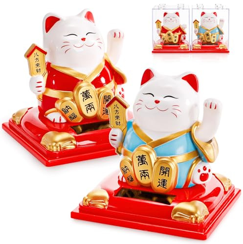Youeon 2 Pack Lucky Cat Waving Arm, Small Solar Waving Cat, Vivid and Cute Beckoning & Welcoming Cats, Maneki Neko as Good Luck Decor for Home, Office, Car, Store, Restaurant