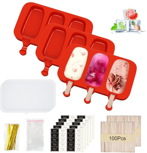3 stampi per ghiaccio in silicone, stampi per ghiacciolo, grandi stampi per ghiacciolo coperti e 100 bastoncini di legno per stampi per ghiaccio in silicone rosso