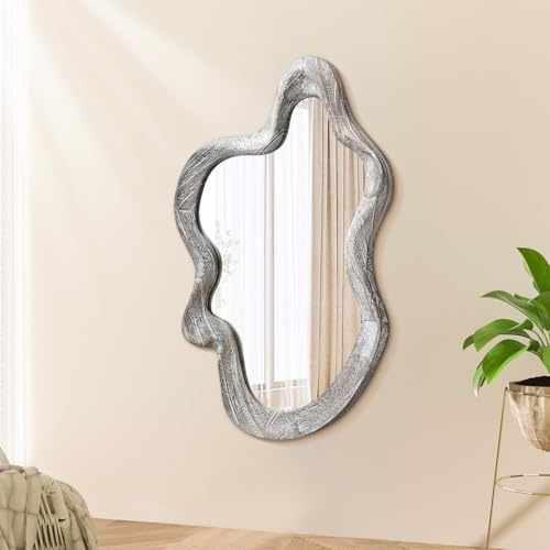 Lzuso Asymmetrischer Spiegel Unregelmäßiger Wandspiegel Moderner Holzrahmen Einzigartiger künstlerischer Spiegel stilvoller Wolkenspiegel Dekorativ für Schlafzimmer Wohnzimmer Badezimmer Großes