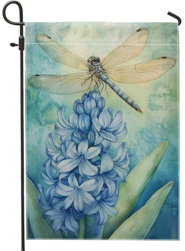 Blaue Libellen-Gartenflagge für Frühling und Sommer, elegante blaue Hyazinthe, Outdoor-Dekor-Flagge, doppelseitige Jute-Hofflagge für Haus und Garten, Dekoration, 30,5 x 45,7 cm