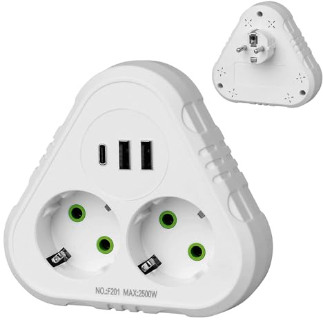 Anluomafuy Enchufe Doble con 1 Tipo-C (PD 20W, Carga Rápida) y 2 USB, Regleta con Protección Sobretensión, Ranuras Giradas 45 Grados para Oficina, Cocina y Habitación (Blanco)