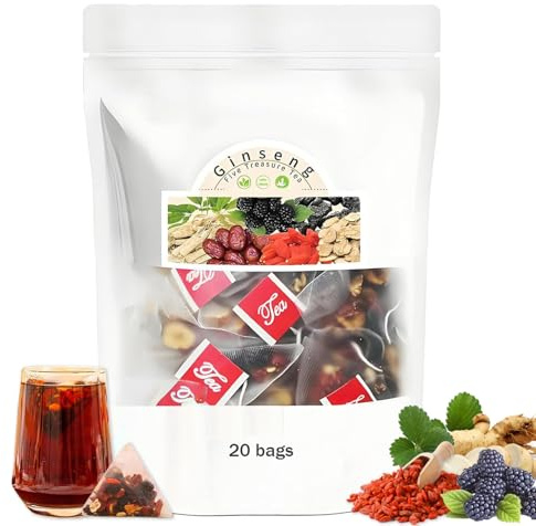 Ginseng Five Treasures Tea Kidney Tea, Ginseng & Mulberry Herbal Teas, Kidney Cleanse Detox Beverage for Women & Men, Nnatural Ingredients Sweet Taste and Aroma 20bags