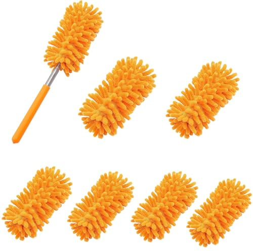 Lot de 6 plumeaux en microfibre pour le nettoyage, lavables à la main avec poteau atteignable de 27,9 cm à 74,9 cm, petits plumeaux pour nettoyage de bureau, voiture, meubles, canapé, ventilateur de