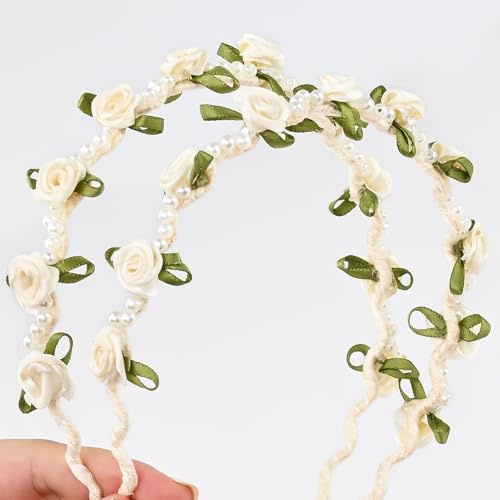 YIWONFU Blume Krone, 2 Stücke Flexibel Harz-Blumenkranz Blume Krone Stirnband mit Haarband, Perlen Haar Garland(Elfenbeinweiß)