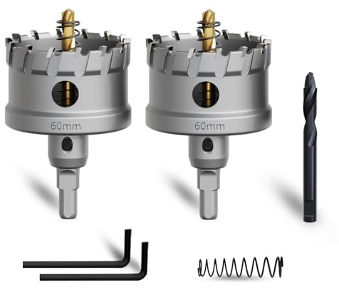 METOTY 2 Stück 60mm lochsäge metall，Hartmetall Lochsäge,Hartmetall Bohrer,mit Ein zusätzlicher nitrierter Stufenführungsbohrer gratis und L-Wrench,für Stahl Eisen Aluminum Metall