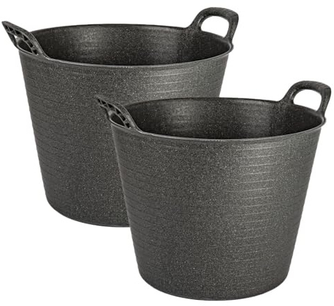 2 x Black 42 Litre Eco Friendly Large Round Flexi Tubs Versatile Multi Purpose Flexible Rubber Storage Containers Buckets (Made from 100% Recycled Plastic + Aluminium)