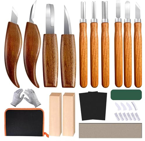 Holz Schnitzwerkzeug Set, 18 in 1 Schnitzset Mit 10 Schnitzmesser Für Kinder&Erwachsene, Holzwerkzeug Für Anfänger/Profis Schnitzen Mit Schnittfeste Handschuhe Und Schleifsteine