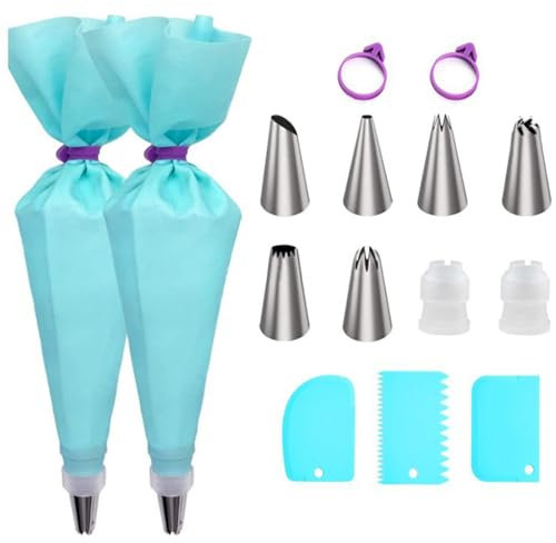 15PCS Cake Decorating Kit - Icing Piping Set with 6 Nozzles, 2 EVA Bags, 3 Scrapers, 2 Couplers, 2 Rings - Reusable Baking Tools for Cupcakes, Cookies, Cakes