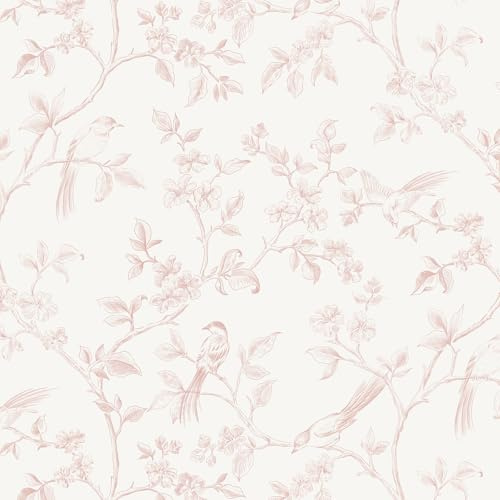 Yomshi Papier Peint Autocollant Oiseaux Fleurs Rose Film Adhésif Meubles Vinyle Imperméable Film pour Meubles 44 cm x 3 m Papier Peint Mural pour Chambre à Coucher, Salon, Cuisine
