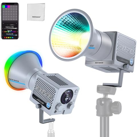 NEEWER HS60C Pro 60W Lampe Vidéo LED RGB Portable, Contrôle DMX/Panneau/Effets Personnalisés/Groupe Lumineux, Éclairage COB Continu 8700Lux 2700K-6500K CRI97+ pour Studio Photo et Enregistrement Vidéo