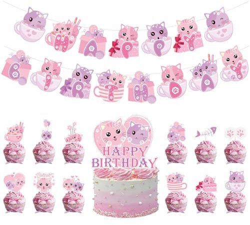 Cat Birthday Party Decoration, HAPPY BIRTHDAY Cat Banner, 10 Cake Topper, 1 Big Cake Topper, for Cat party Supplies, Cat Lover, Kids Cat Theme Party