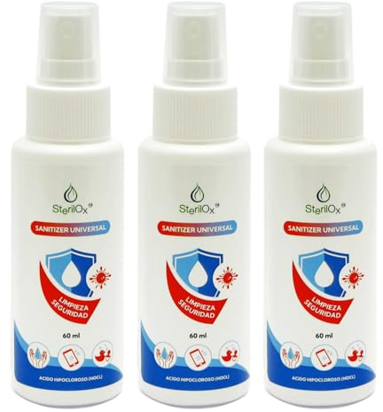 SterilOx Spray 3 x 60 ml – Solución Cosmética con Ácido Hipocloroso | Para Manos, Juguetes, Utensilios y Objetos | Seguro para Niños y Mascotas – Sin Alcohol ni Perfume