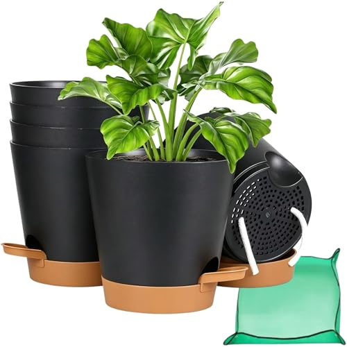 CNKHDZ 6 pack Självvattnande blomkruka 17.8cm+ hopfällbar planteringskruka, plastblomkruka med bevattningssystem, kruka för inomhus- och balkongväxter Svart