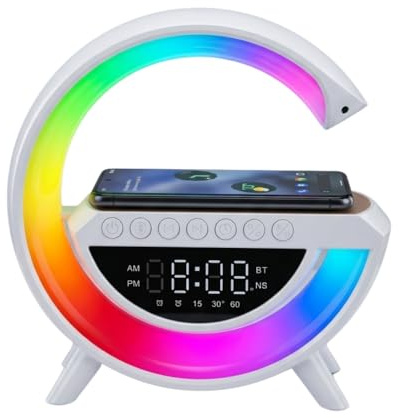 Digital Alarm Clock with Bluetooth Speaker, 15W G-Shaped Wireless Charger, 13 RGB Light Modes, Dimmable Atmosphere Lamp Light LED Display for Adults Kids Office Bedroom Gift