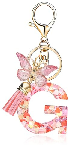 Porte-clés avec lettre,Porte-clés pour fille,porte-clés papillon,avec pendentif papillon et pampille,pour Cadeau femmes et filles (G, Rose)
