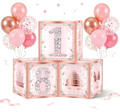 18th Birthday Decorations Boxes, 3Pcs Rose Gold 18th Birthday Boxes | 18 Year Old Party Supplies Cardboard Box , eighteenth Birthday Theme Cube Boxes Table Decorations for Girls