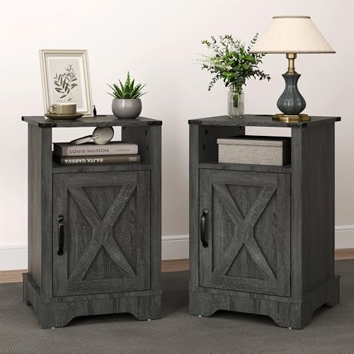 SUNVIVI Bedside Table with Charging Station, 2 AC Outlets & 2 USB Ports, Farmhouse Side Table with X-Design Storage Shelf, Nightstand with Barn Door Elements for Bedroom, Living Room, Dark Grey