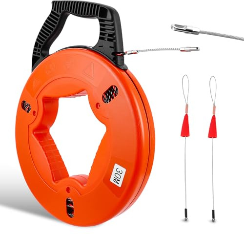 Guia Pasacables 30m 5mm Cable de Tracción Profesional, Muelle Retráctil Anti Roturas para Pasar Cables en Tubos Vacíos, Herramienta Extractor de Cables para Instalación Eléctrica