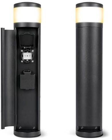 SSC-LUXon PALISO Energiesäule 2er Set schwarz 2 Steckdosen IP44 G9 warmweiß | Zwei Steckdosensäulen mit Licht für den Garten - je zwei Schuko-Steckdosen, warmweiß, für Terrasse & Wege, wetterfest IP44