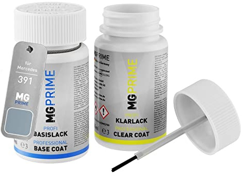 MG PRIME Autolack Lackstift für Mercedes 391 Horizontblau Metallic +1K | Horizon Blue Metallic, Set aus Basislack + Klarlack, Lackfläschchen mit Pinsel, je 50ml