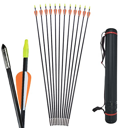 AMEYXGS 12pcs 32 Zoll Bogenschießen Erwachsene Mit Köcher Bogenpfeile Fiberglas Pfeile Zielübung Pfeile für Recurvebogen und Compoundbögen Bogensport Außenaufnahmen (orange und weiß)