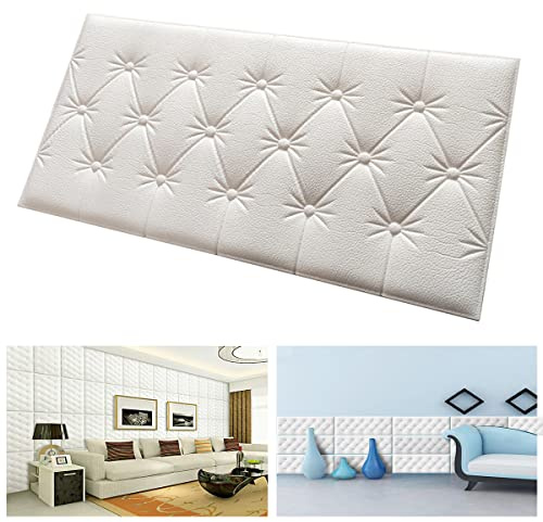 Cozylkx 3D Self Adhesive Foam Wall Panels, 23.6x11.8 Leather Cladded Decor Anti-Collision Soft Cushion Wallpaper for Wall Covering Kids Room Bed Headboards Safety, White, 10pcs