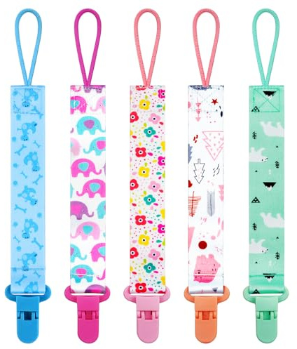 Aolso 5 Stück Baby-Schnullerkette, Schnullerclip für Baby, Schnullerhalter-Set mit Kunststoffverschluss, Baby-Beißspielzeug, passend für alle Schnuller, Schnuller und Beißspielzeug