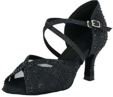 Jywmsc Zapatos de Baile Latino de Mujer con Purpurina y Pedrería Correa Cruzada Peep Toe Zapatos de Baile Social Salsa Tango Sandalias para Bodas
