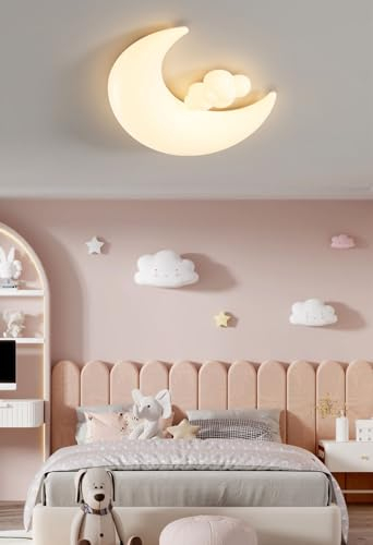 Modern LED Wolke Kinderzimmerlamp, Mond Deckenleuchte für Kinder, Kinderzimmer Deckenlampe Dimmbar mit Fernbedienung, PE Lampenschirm,Ø45cm, 40W Augenschutz Lampe für Junge Mädchen Schlafzimmer