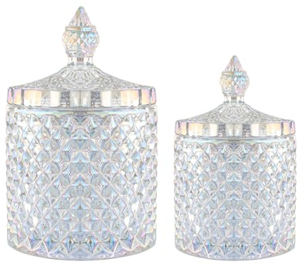 R FLORY 2 Pack Qtip Holder Glass Apothecary Jars with Lids Bathroom Storage Organizer for Cotton Swabs, Balls, Pads, Floss Picks, Vanity Storage Containers for Makeup, Candy, Jewelry (10+24oz, Dazzle)