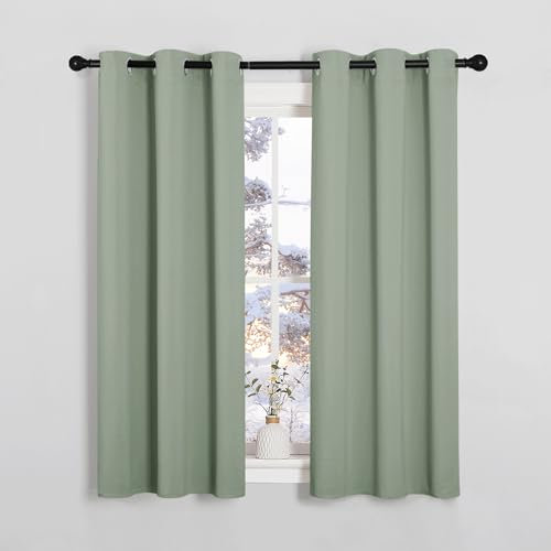 PONY DANCE Sage Green Blackout Thermal Curtains for Kids Eyelet Short Light Blocking Curtains for Bedroom Kitchen Balance Temperature Privacy Drapes, W 34 x L 54, 2 Pieces