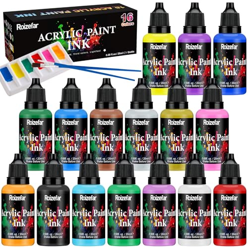 Roizefar Acryltusche Set mit 16 Farben (je 20 ml) mit 2 Pinseln und 1 Palette, Permanente Acryl-Künstlertusche für Anfänger, ideal für Anfänger, Erwachsene, Künstler